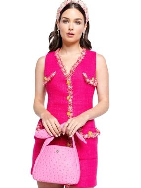Nwt Endless Rose Fushia Tweed Sleeveless V Neck Gold Ornate Button Sheath Dress